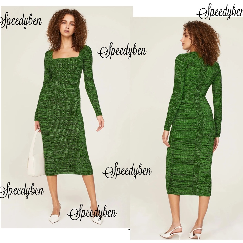 Ganni Melange Kelly Green Ribbed Knit Midi Dress Size X-Small